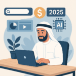 رائد أعمال عربي يعمل على اللابتوب للربح من الإنترنت باستخدام الذكاء الاصطناعي في 2025