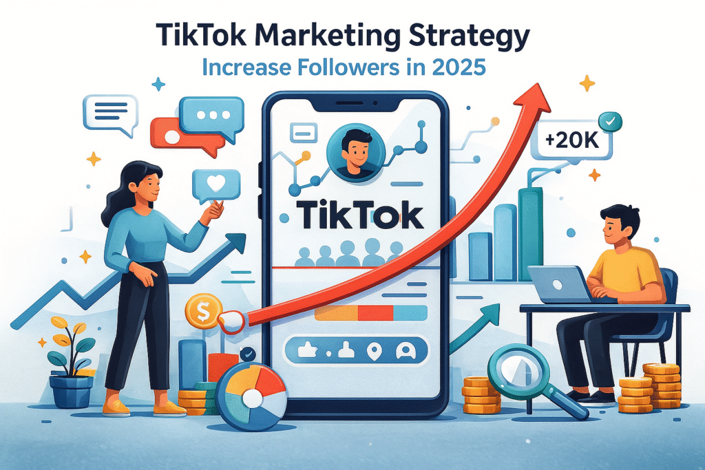 "رسم يعرض استراتيجية التسويق عبر تيك توك وزيادة المتابعين في 2025."