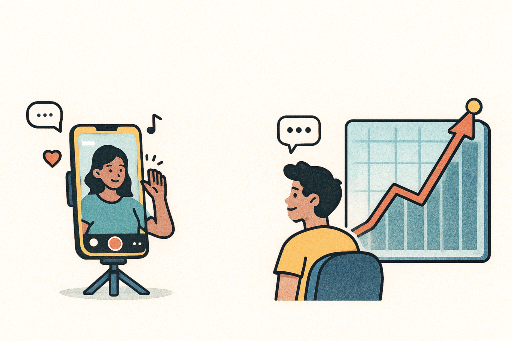 "تصميم يوضح أنواع المحتوى الشائع على تيك توك مثل التحديات والقصص القصيرة والتعليم السريع."