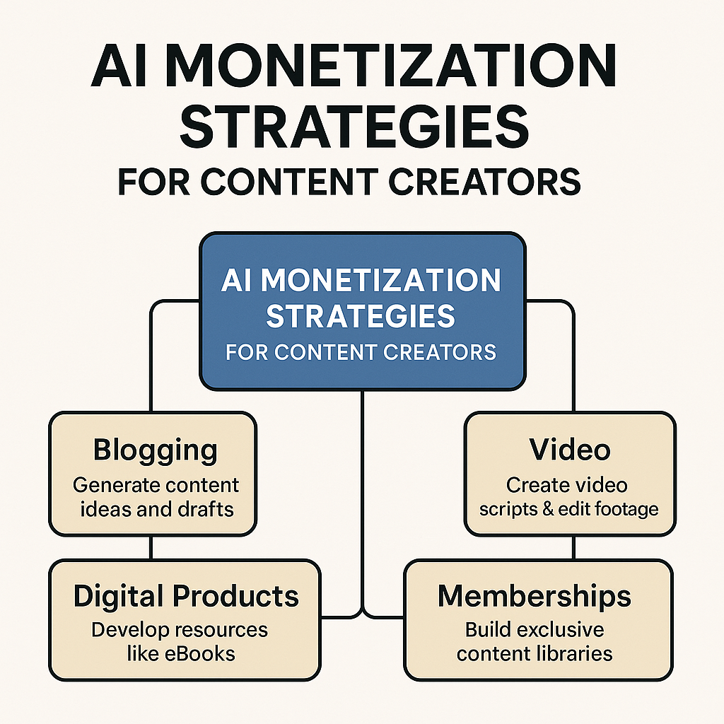 مخطط يوضح استراتيجيات الربح من الذكاء الاصطناعي لصناع المحتوى مثل التدوين والفيديو والمنتجات الرقمية