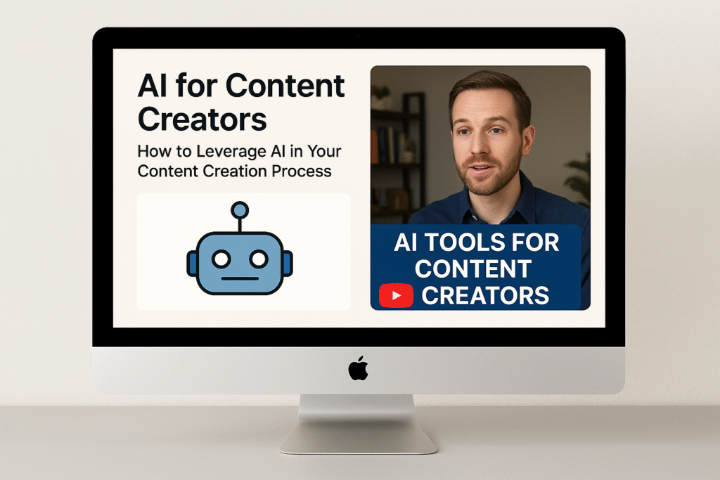 شاشة حاسوب تعرض مدونة وقناة يوتيوب مرتبطة بمحتوى عن الذكاء الاصطناعي لصناع المحتوى