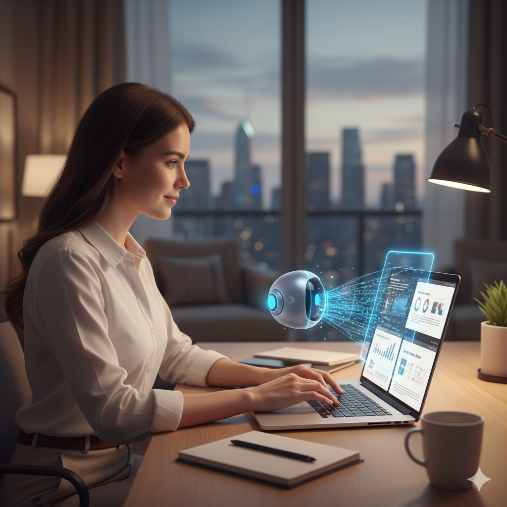 مستخدم يعمل على لابتوب ويتلقى مساعدة من روبوت دردشة بالذكاء الاصطناعي في كتابة التقارير والعروض