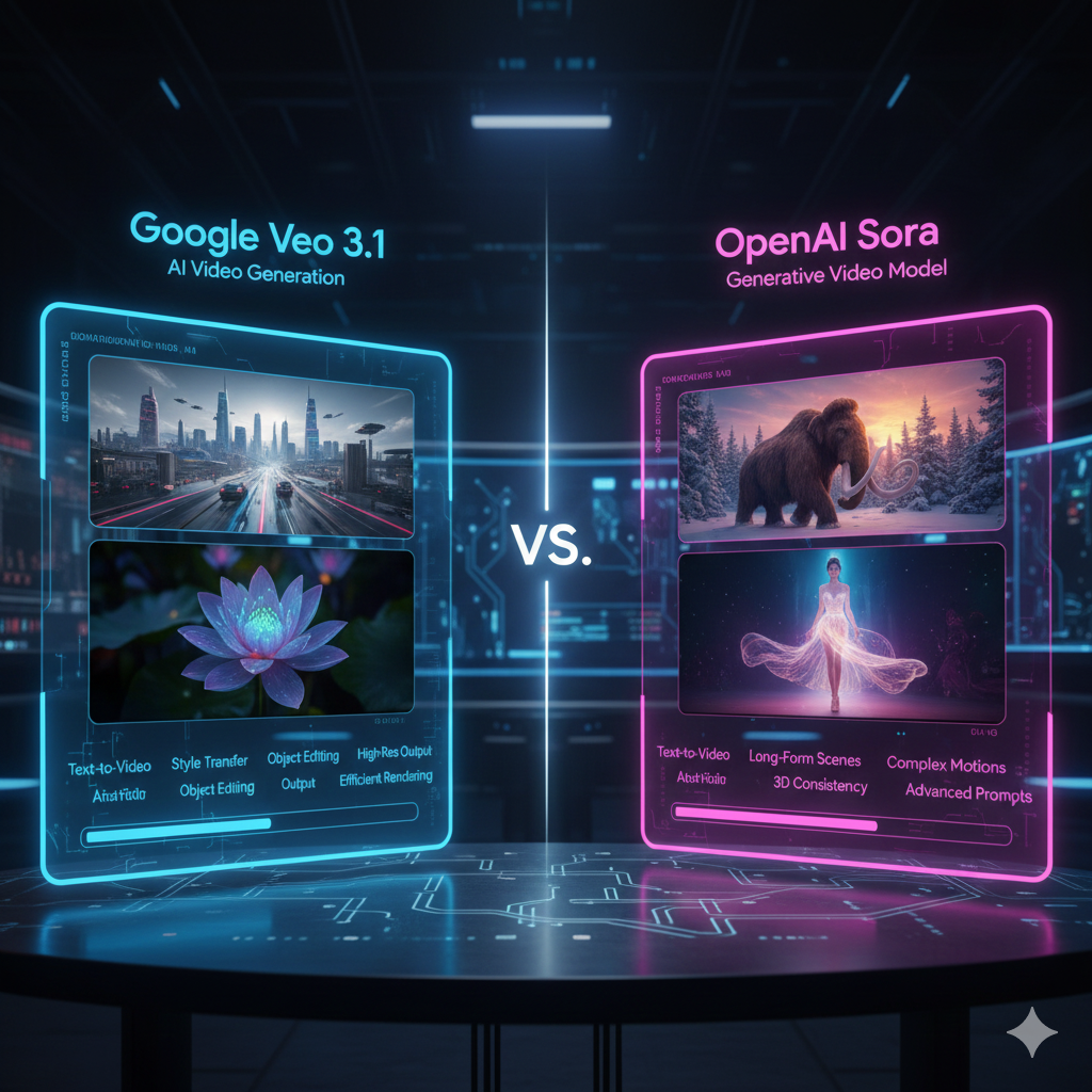 مقارنة رمزية بين أدوات فيديو بالذكاء الاصطناعي مثل Google Veo 3.1 وSora 2 وRunway