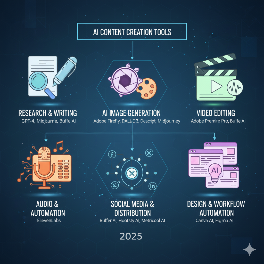 مخطط يوضح تصنيفات أدوات الذكاء الاصطناعي من البحث والكتابة والصور إلى الفيديو والأتمتة والسوشيال ميديا