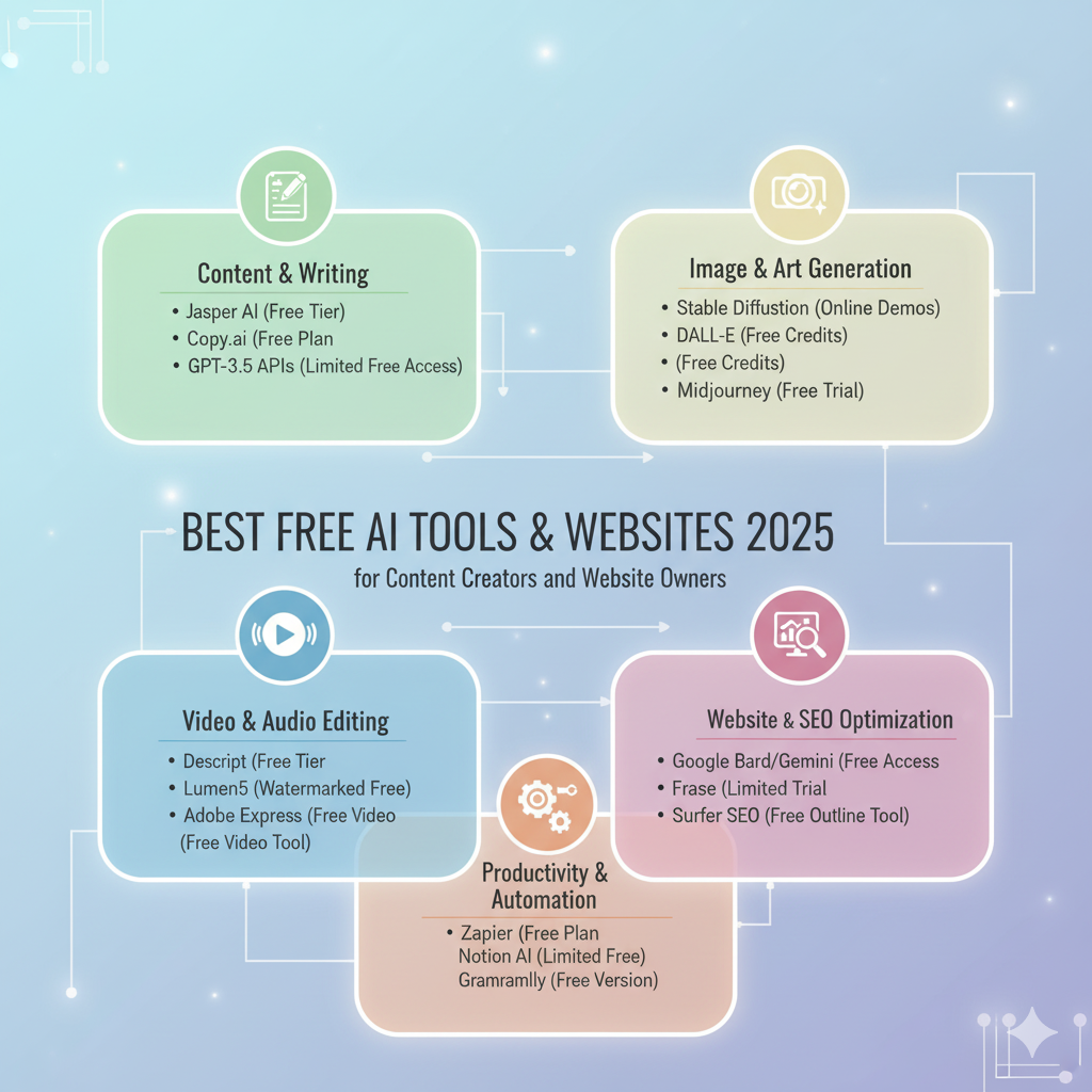تصميم يوضح أفضل مواقع وأدوات الذكاء الاصطناعي المجانية 2025 لصناع المحتوى وأصحاب المواقع