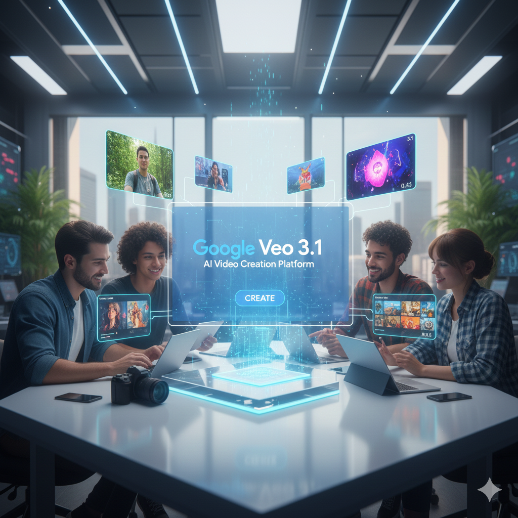 تصميم يوضح مفهوم أداة Google Veo 3.1 للفيديو بالذكاء الاصطناعي في 2025 لصناع المحتوى