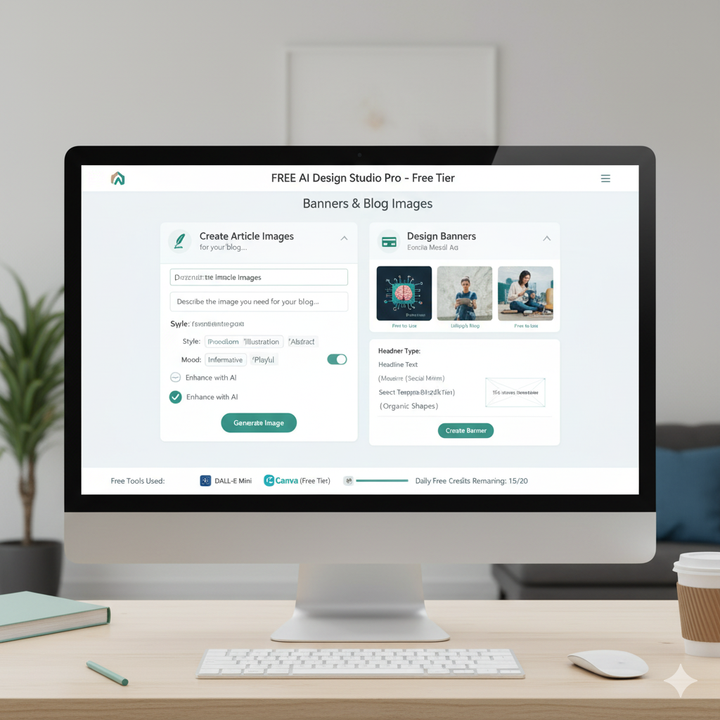 واجهة تصميم توضح استخدام أدوات الذكاء الاصطناعي المجانية لإنشاء بنرات وصور للمقالات
