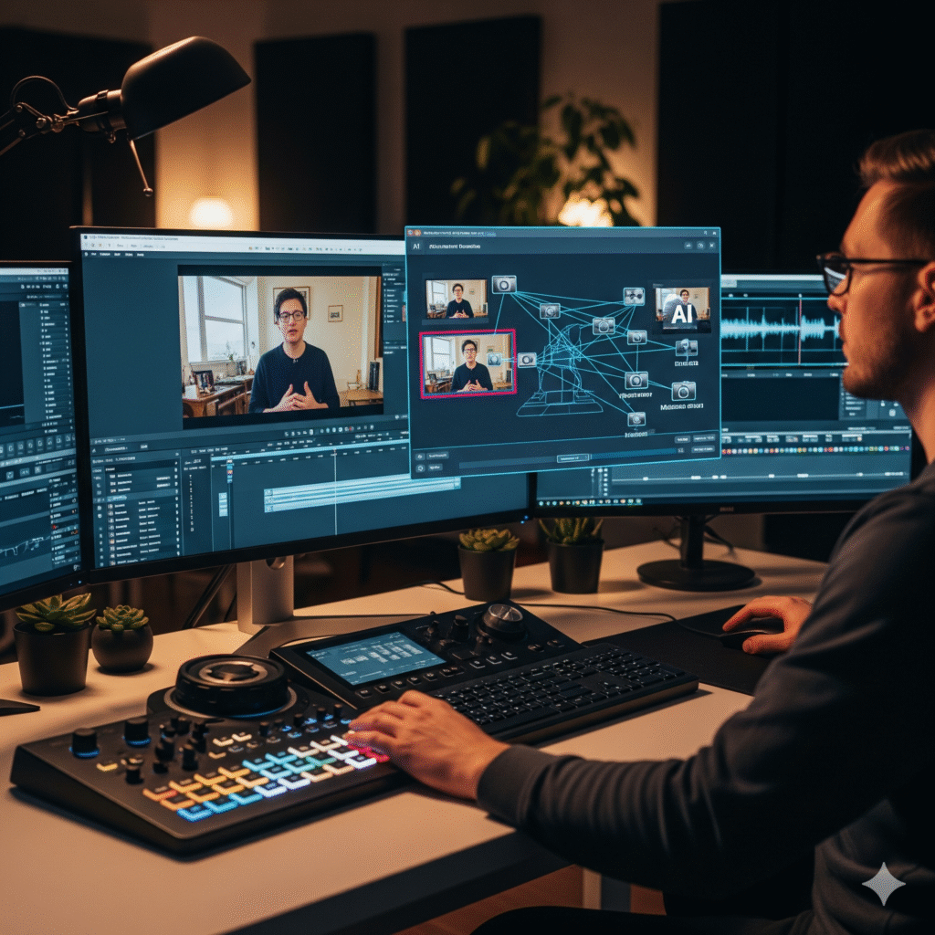 مشهد تمثيلي لمحرر فيديو يعرض تغيير زاوية الكاميرا في لقطة واحدة باستخدام الذكاء الاصطناعي