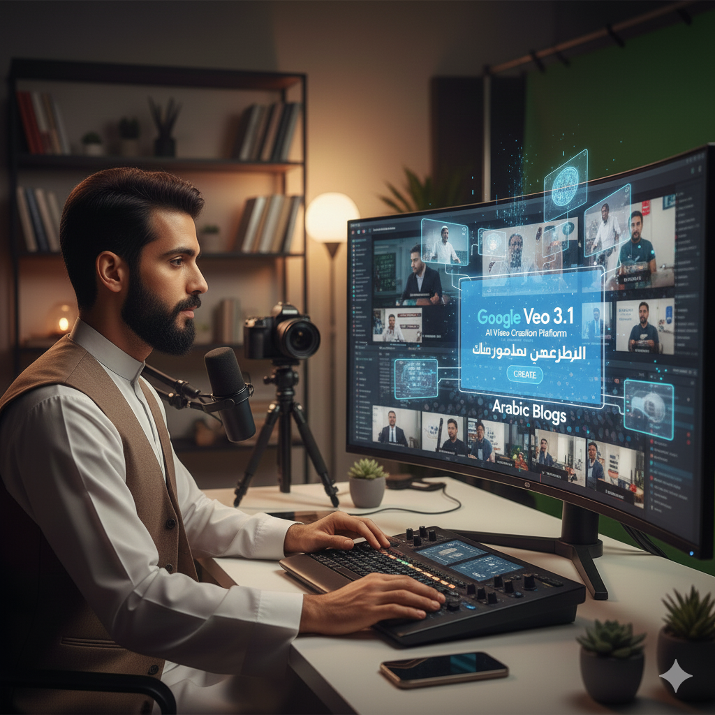 صانع محتوى عربي يعمل على إنشاء فيديوهات تعليمية عن الذكاء الاصطناعي باستخدام أدوات فيديو بالذكاء الاصطناعي