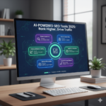 تصميم يوضح أفضل أدوات الذكاء الاصطناعي لتحسين السيو 2025 ورفع ترتيب الموقع في نتائج البحث