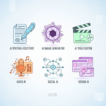 مجموعة أيقونات تمثل أدوات الذكاء الاصطناعي المختلفة لصناع المحتوى في 2025