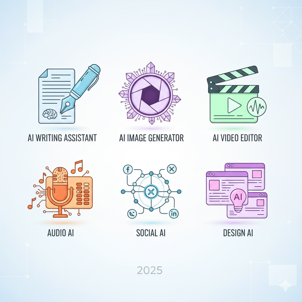 مجموعة أيقونات تمثل أدوات الذكاء الاصطناعي المختلفة لصناع المحتوى في 2025