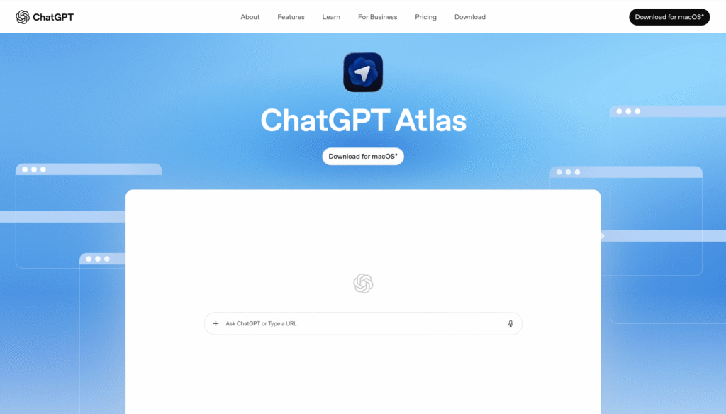 تصميم تقني حديث يوضح متصفح ChatGPT Atlas كمتصفح جديد بالذكاء الاصطناعي في 2025